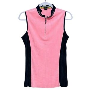 Jamie Sadock Golf Sleeveless Polo Top 1/4 Zip Stretch Pleated Pink Blue Size M